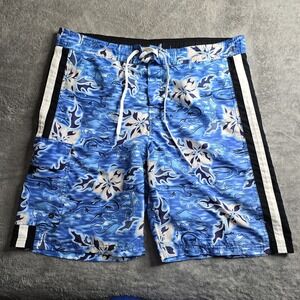 Gecko Hawaii Shorts Mens M Boardshorts Blue Floral Gecko Drawstring 10" Lined